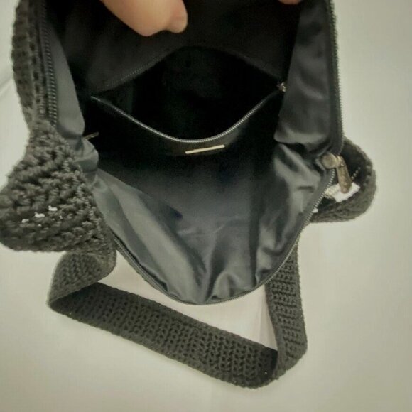The Sak Crochet Handbag Black 12x10" Shoulder Bag Purse Carry Zipper Top - Picture 8 of 8